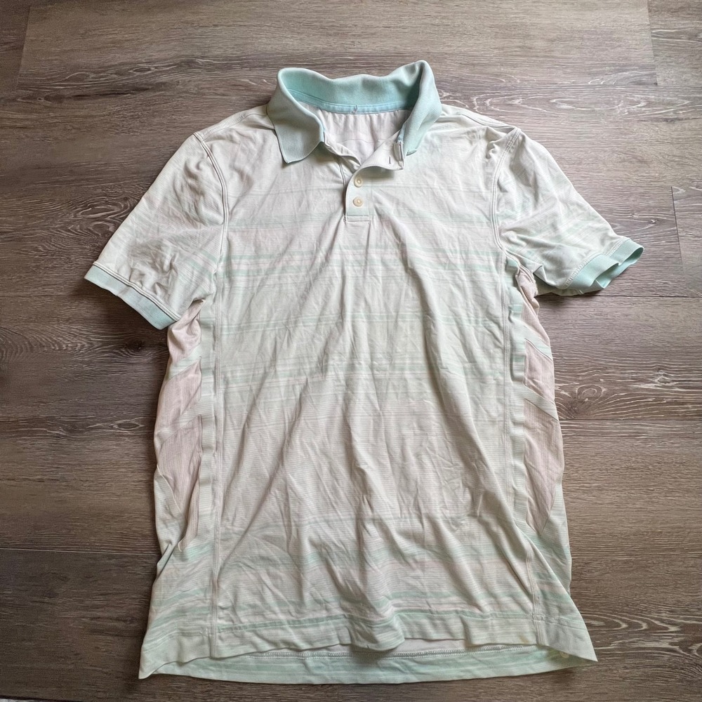 Lululemon Polo Shirt Mens L Mint Green Striped Mesh Vent Athletic Golf Top